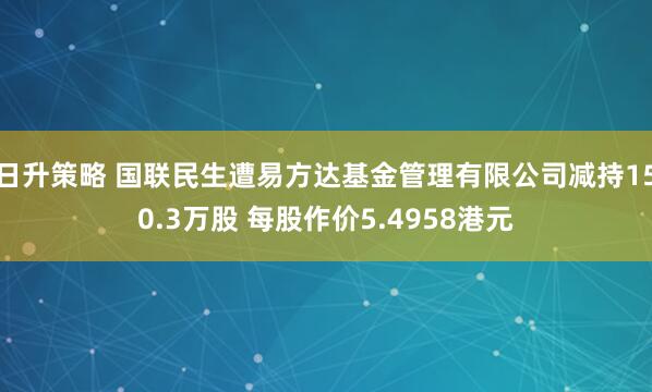 日升策略 国联民生遭易方达基金管理有限公司减持150.3万股 每股作价5.4958港元